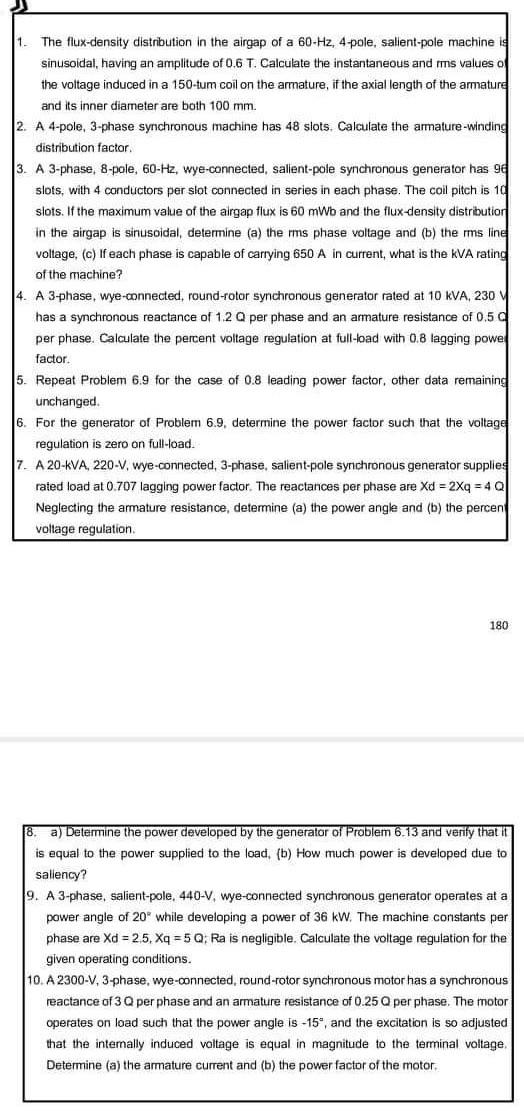 1 The Flux Density Distribution In The Airgap Of A 60 Hz 4 Pole Salient Pole Machine Is Sinusoidal Having An Amplitu 1
