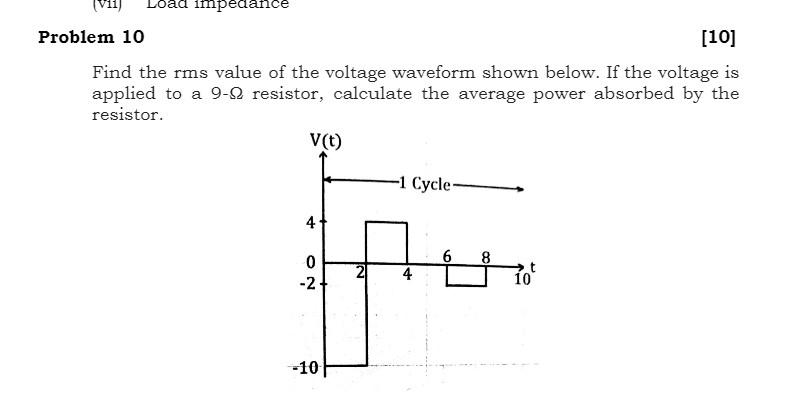 V11 Load Impedance Problem 10 10 Find The Rms Value Of The Voltage Waveform Shown Below If The Voltage Is Applied T 1