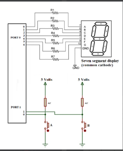 R1 Ww R2 W R3 0 Brun 10 Porto R4 W R5 Ww R6 Www R7 W Gnd Seven Segment Display Vd Common Cathode 5 Volts 5 Volts 4 Po 1