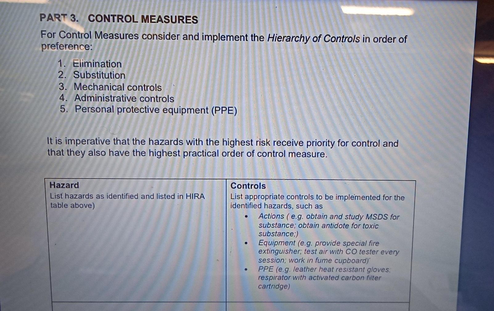 Part 3 Control Measures For Control Measures Consider And Implement The Hierarchy Of Controls In Order Of Preference 1 1