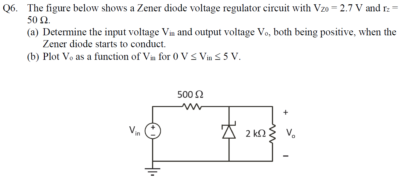 Q6 The Figure Below Shows A Zener Diode Voltage Regulator Circuit With Vzo 2 7 V And Rz 50 12 A Determine The In 1