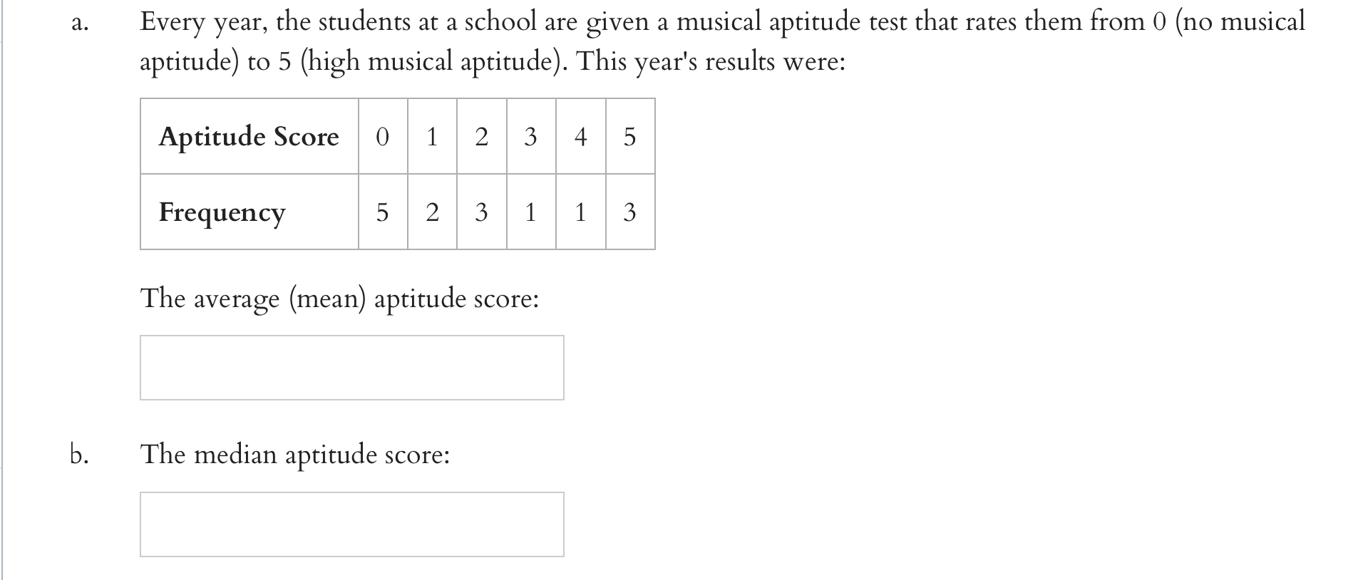 A Every Year The Students At A School Are Given A Musical Aptitude Test That Rates Them From 0