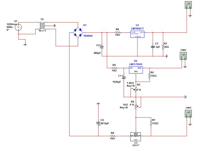 T2 V1 120 Vrms 60hz 0 D1 U1 Lm7805ct 10 1 1 R6 M 100 Line Voltage 1b4b42 Common C2 He C3 R1 1f 300 H Mm2 486uf R5 M 1 1