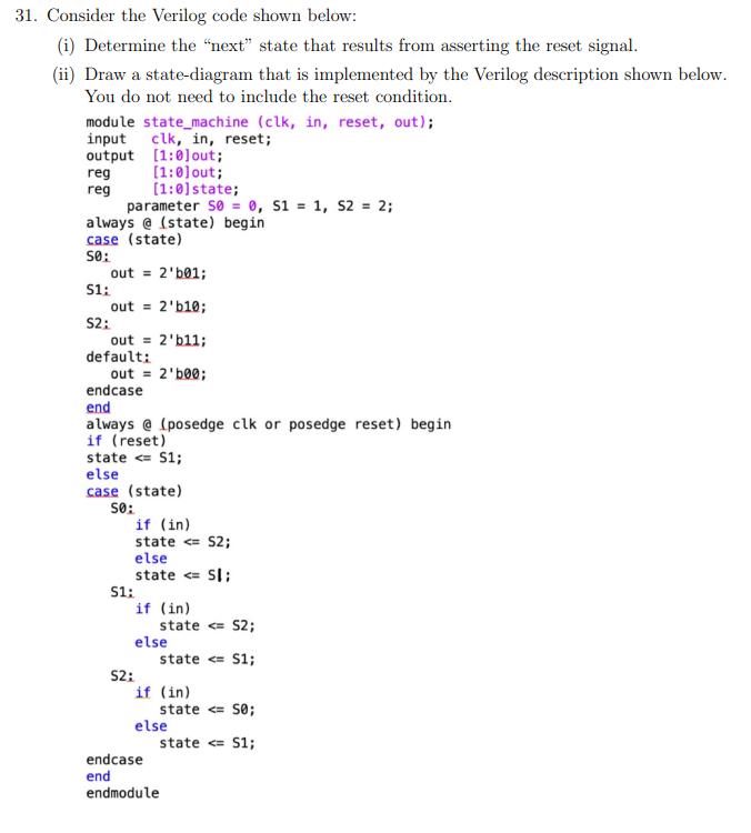 31 Consider The Verilog Code Shown Below I Determine The Next State That Results From Asserting The Reset Signal 1