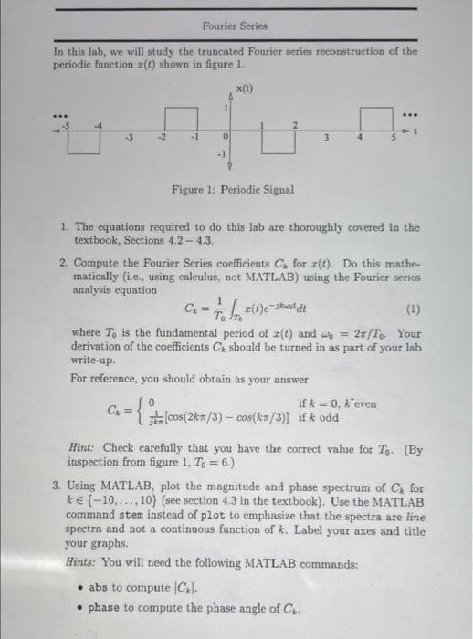 Fourier Series In This Lab We Will Study The Truncated Fourier Series Reconstruction Of The Periodic Function Shown 1