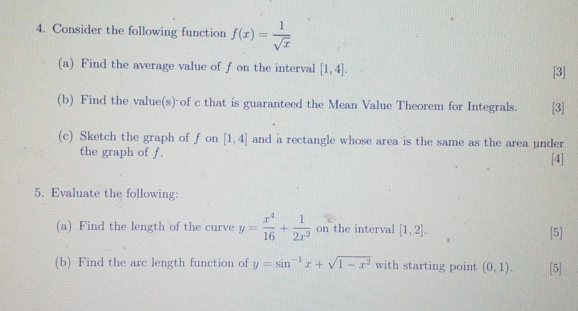 4 Consider The Following Function F 1 15 A Find The Average Value Of F On The Interval 1 4 3 B Find The Val 2