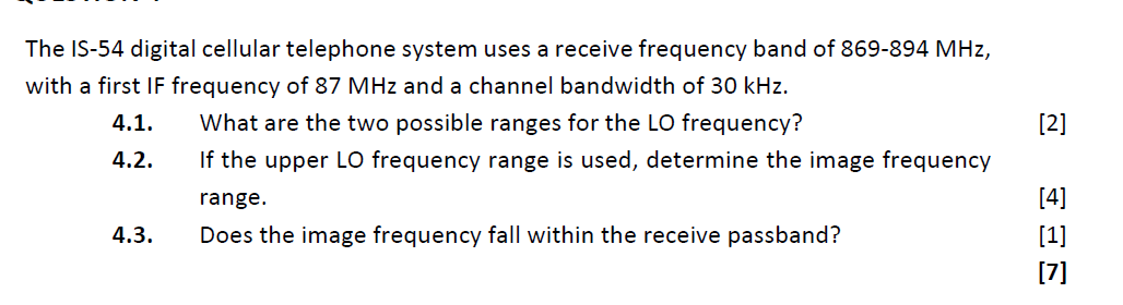 2 The Is 54 Digital Cellular Telephone System Uses A Receive Frequency Band Of 869 894 Mhz With A First If Frequency 1