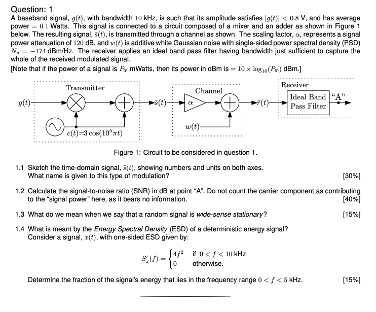Question 1 A Baseband Signal G T With Bandwidth 10 Khz Is Such That Its Amplitude Satisfies G T 0 8 V And Has 1