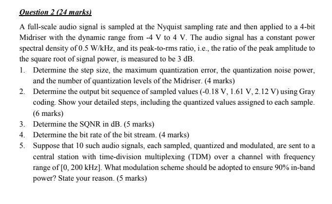 Question 2 24 Marks A Full Scale Audio Signal Is Sampled At The Nyquist Sampling Rate And Then Applied To A 4 Bit Midr 1