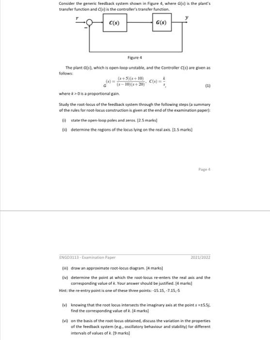 Consider The Generic Feedback System Shown In Figure 4 Where G S Is The Plant S Transfer Function And C S Is The Cont 1