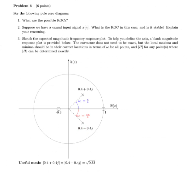 Problem 6 6 Points For The Following Pole Zero Diagram 1 What Are The Possible Rocs 2 Suppose We Have A Causal Inp 1