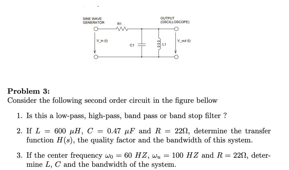 Sine Wave Generator Output Oscilloscope R1 W V In T 41 V Out T C1 Problem 3 Consider The Following Second Order C 1