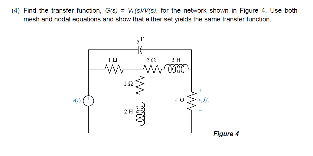 4 Find The Transfer Function G S Vo S V S For The Network Shown In Figure 4 Use Both Mesh And Nodal Equations 1