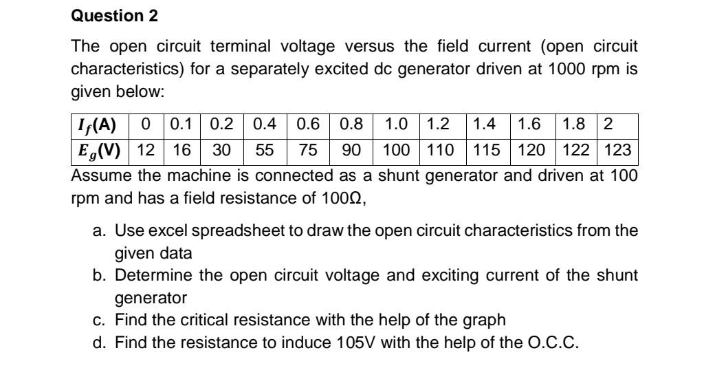 Question 2 The Open Circuit Terminal Voltage Versus The Field Current Open Circuit Characteristics For A Separately Ex 1
