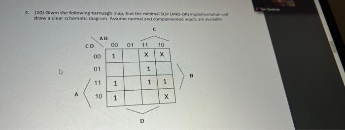 Tim Car 4 10 Given The Following Karnuagh Map Find The Minimal Sop And Or Implementation And Draw A Clear Schemati 1