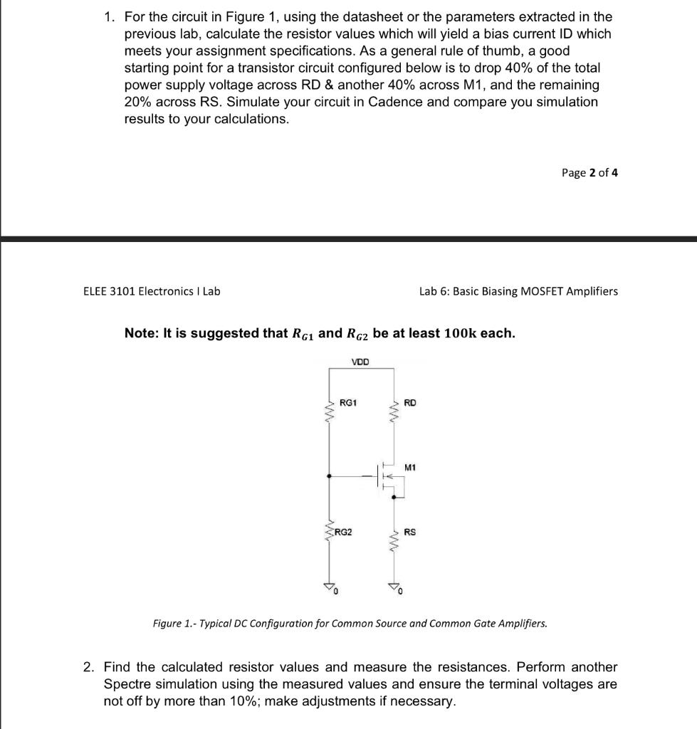 1 For The Circuit In Figure 1 Using The Datasheet Or The Parameters Extracted In The Previous Lab Calculate The Resis 1