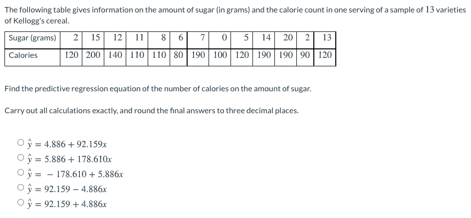 The Following Table Gives Information On The Amount Of Sugar In Grams And The Calorie Count In One Serving Of A Sample 1