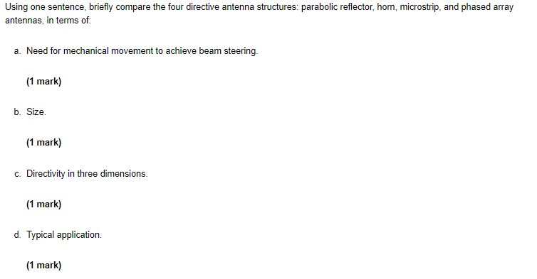 Using One Sentence Briefly Compare The Four Directive Antenna Structures Parabolic Reflector Horn Microstrip And Ph 1