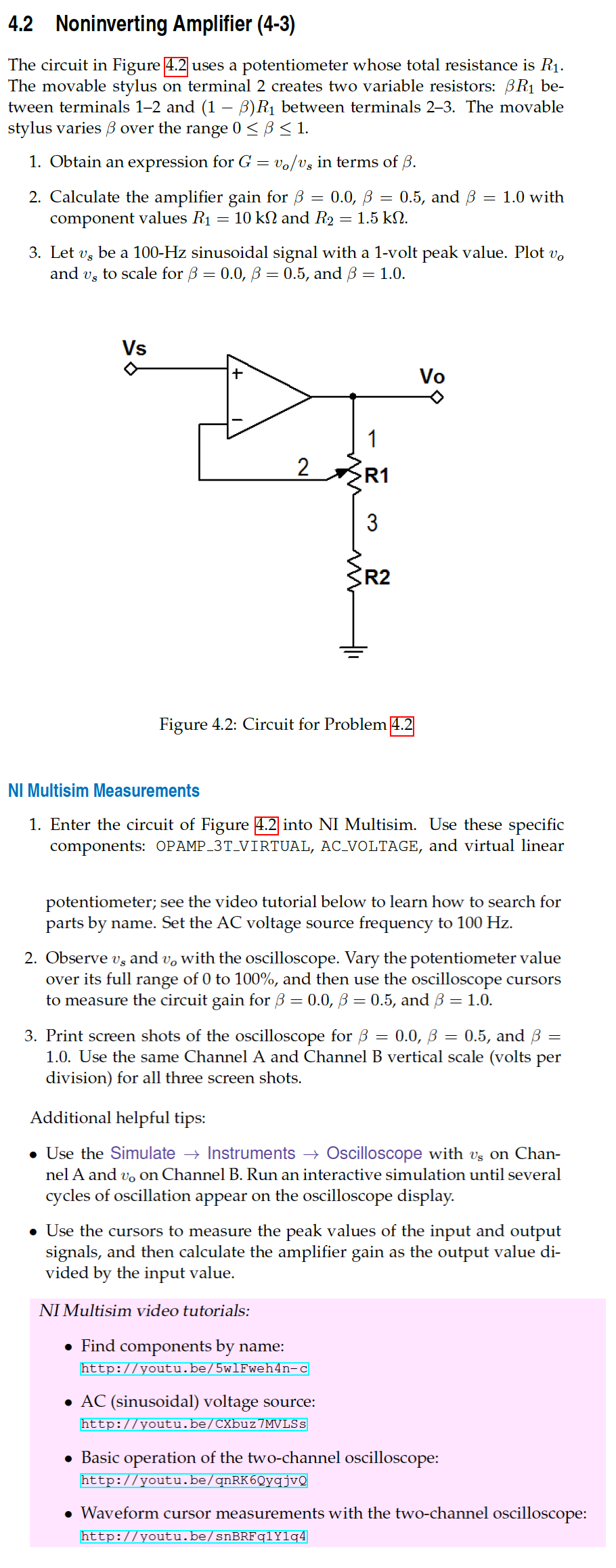 4 2 Noninverting Amplifier 4 3 The Circuit In Figure 4 2 Uses A Potentiometer Whose Total Resistance Is R1 The Mova 1