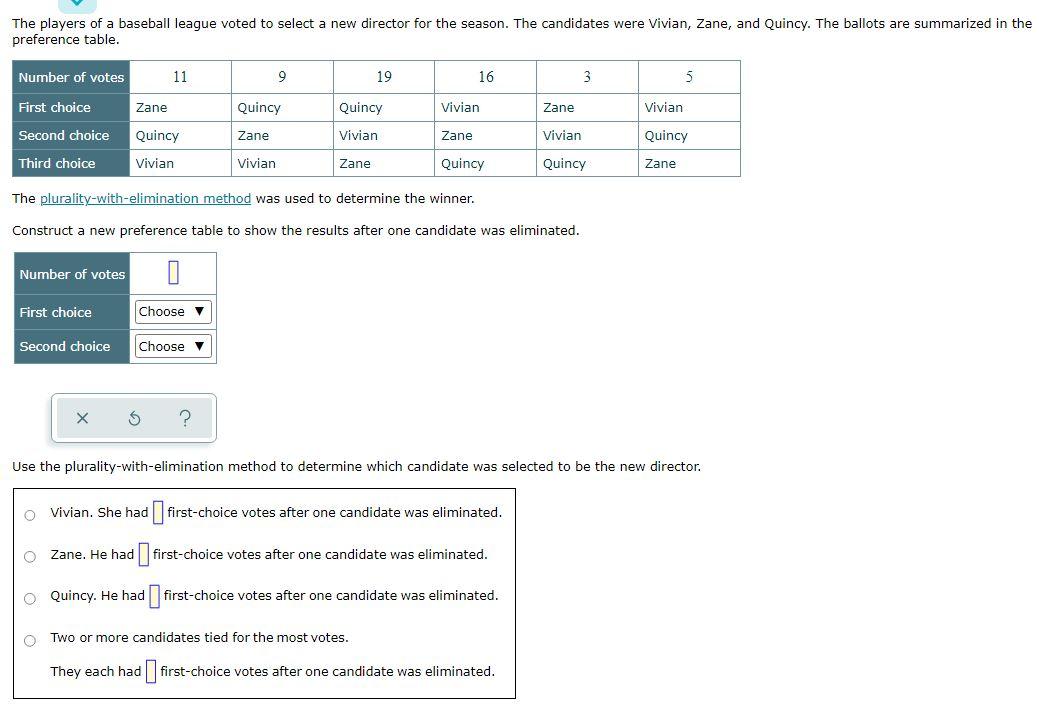 The Players Of A Baseball League Voted To Select A New Director For The Season The Candidates Were Vivian Zane And Qu 1