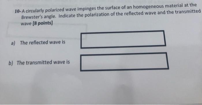 10 A Circularly Polarized Wave Impinges The Surface Of An Homogeneous Material At The Brewster S Angle Indicate The Pol 1