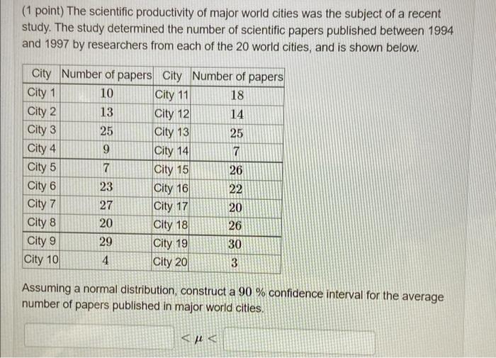 1 Point The Scientific Productivity Of Major World Cities Was The Subject Of A Recent Study The Study Determined The 1