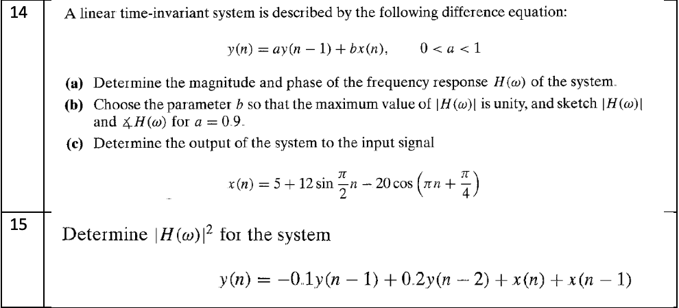 14 A Linear Time Invariant System Is Described By The Following Difference Equation Y N Ay N 1 Bx N 0 A 1 A 1