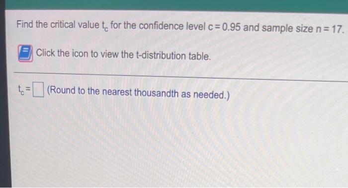 Find The Critical Value T For The Confidence Level C 0 95 And Sample Size N 17 Click The Icon To View The T Distribu 1