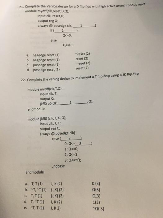 21 Complete The Verilog Design For A D Flip Flop With High Active Asynchronous Reset Module Mydff Clk Reset 0 0 Input 1