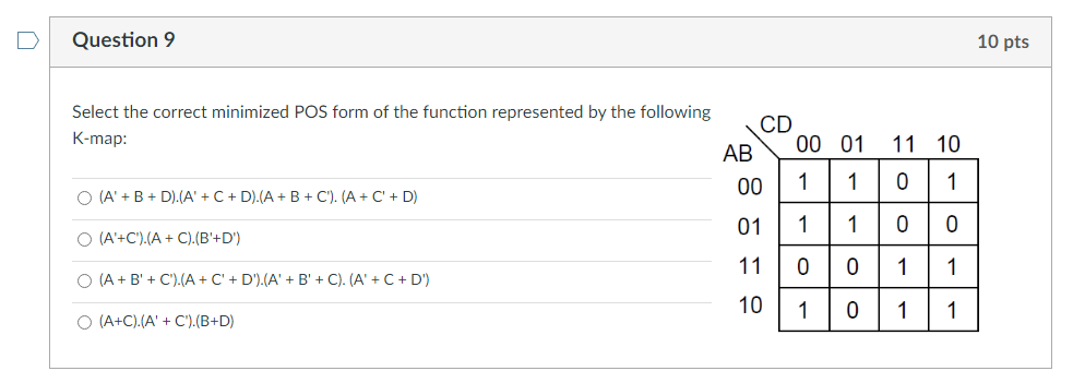 D Question 9 10 Pts Select The Correct Minimized Pos Form Of The Function Represented By The Following K Map O A B 1
