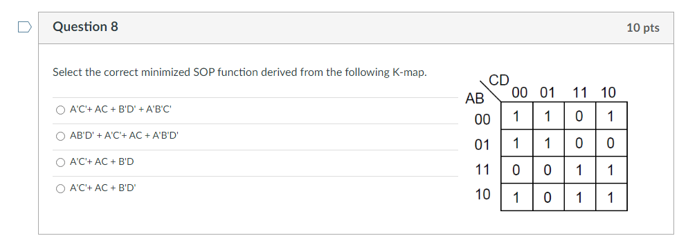 U Question 8 10 Pts Select The Correct Minimized Sop Function Derived From The Following K Map 11 10 Cd Ab 0001 00 1 O 1