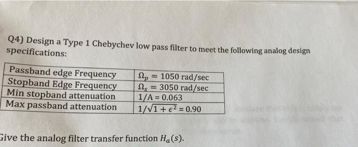 Q4 Design A Type 1 Chebychev Low Pass Filter To Meet The Following Analog Design Specifications Passband Edge Frequenc 1