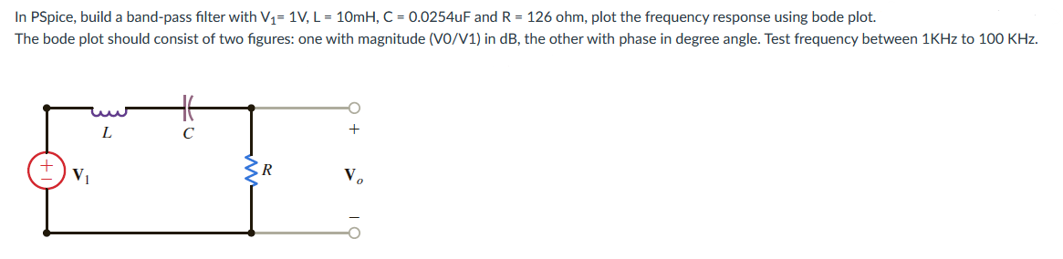 In Pspice Build A Band Pass Filter With V1 1v L 10mh C 0 0254uf And R 126 Ohm Plot The Frequency Response Usi 1
