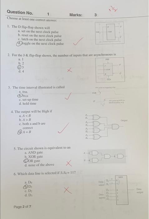 W Question No Choose At Least One Correct Answer 1 Marks 3 1 The D Flip Flop Shown Will A Set On The Next Clock Puls 1