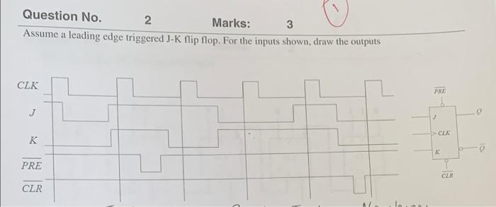 Question No 2 Marks Assume A Leading Edge Triggered J K Flip Flop For The Inputs Shown Draw The Outputs 3 Clk Pre J 1