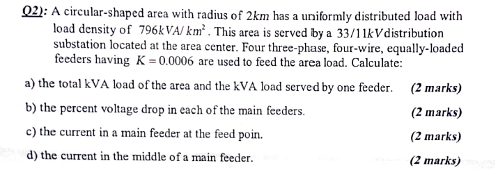 Q2 A Circular Shaped Area With Radius Of 2km Has A Uniformly Distributed Load With Load Density Of 796kva Km This A 1