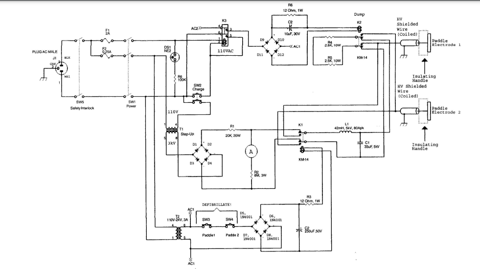 In The Defibrillator Circuit Below Describe The Roles Of The Following Components 1 Sw3 Sw4 2 T1 T2 3 Km14 1