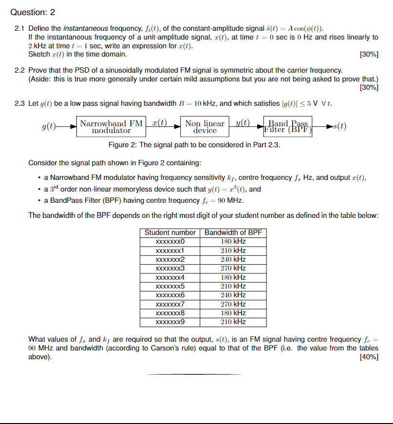 Question 2 2 1 Define The Instantaneous Frequency Fi T Of The Constant Amplitude Signal 3 T A Cos T If The I 1