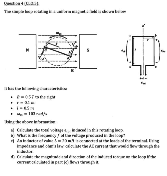 Question 4 Clo 5 The Simple Loop Rotating In A Uniform Magnetic Field Is Shown Below 0 N N S Be B Cook It Has The F 2