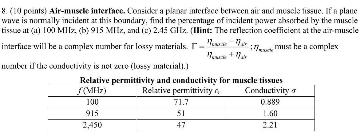 8 10 Points Air Muscle Interface Consider A Planar Interface Between Air And Muscle Tissue If A Plane Wave Is Nor 1