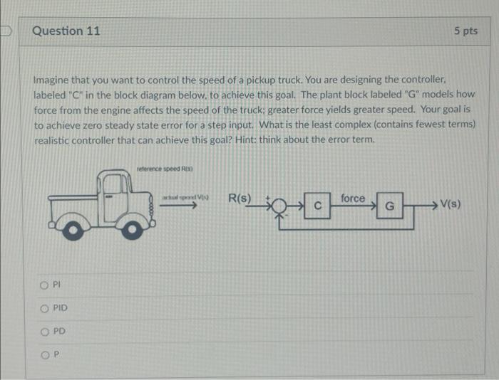 Question 11 5 Pts Imagine That You Want To Control The Speed Of A Pickup Truck You Are Designing The Controller Labele 1