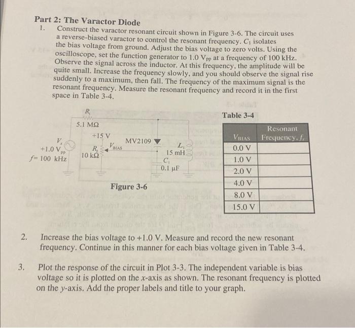 Part 2 The Varactor Diode 1 Construct The Varactor Resonant Circuit Shown In Figure 3 6 The Circuit Uses A Reverse Bi 1