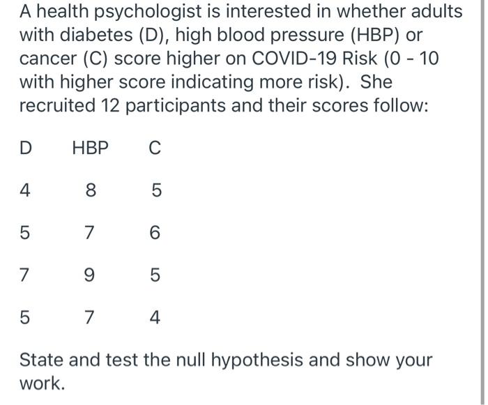 A Health Psychologist Is Interested In Whether Adults With Diabetes D High Blood Pressure Hbp Or Cancer C Score H 1
