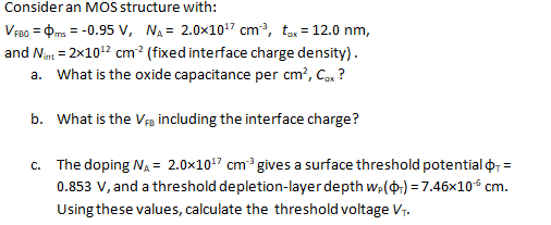 Consideran Mos Structure With Vfbo 0 R 0 95 V Na 2 0x10 Cm Tox 12 0 Nm And Nint 2x102 Cm Fixed Interface 1