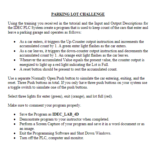 Parking Lot Challenge Using The Training You Received In The Tutorial And The Input And Output Descriptions For The Idec 1