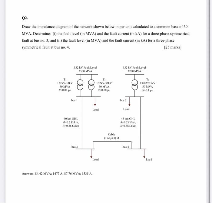 Q2 Draw The Impedance Diagram Of The Network Shown Below In Per Unit Calculated To A Common Base Of 50 Mva Determine 1