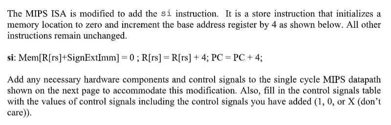 The Mips Isa Is Modified To Add The Si Instruction It Is A Store Instruction That Initializes A Memory Location To Zero 1