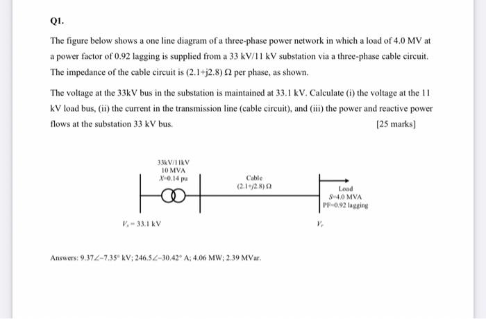 Q1 The Figure Below Shows A One Line Diagram Of A Three Phase Power Network In Which A Load Of 4 0 Mv At A Power Factor 1
