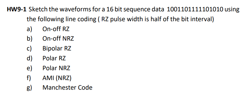 Hw9 1 Sketch The Waveforms For A 16 Bit Sequence Data 1001101111101010 Using The Following Line Coding Rz Pulse Width 1