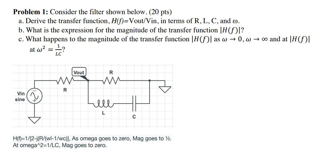 Problem 1 Consider The Filter Shown Below 20 Pts A Derive The Transfer Function H F Vout Vin In Terms Of R L C 1